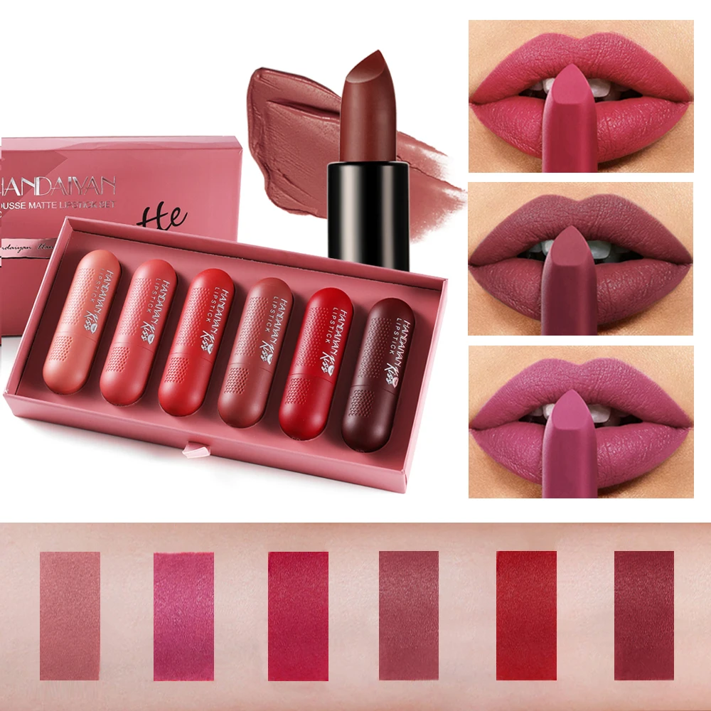 

6 Colors/Box Nude Matte Lipstick Set New Arrive Makeup Waterproof Bullet Lip Stick Kit Smooth Texture Makeup Cosmetics Lip Balm