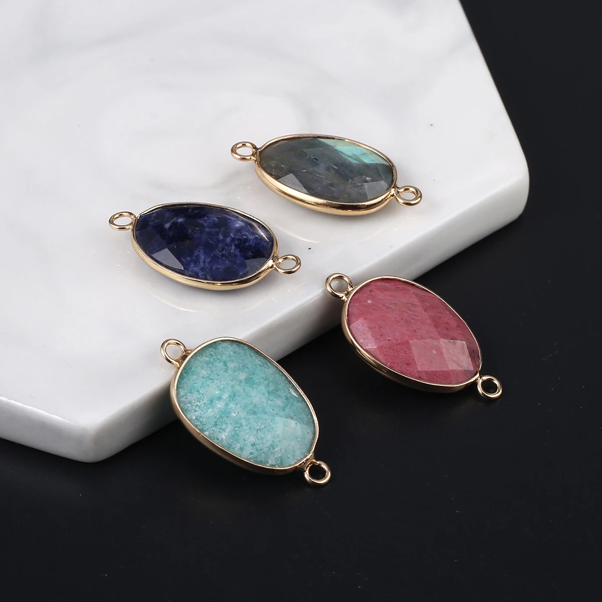 

Natural Stone Pendants Oval Shape Gold Plated Amazonite Double Hole Connector for Jewelry Making Diy Women Necklace Crafts