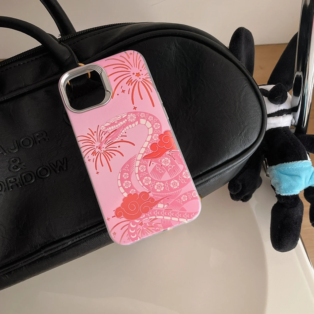 Chinese Style Pink Snake Fireworks Cloud Shockproof Protective Phone Cover Case for iPhone 16 15 14 13 12 Pro Max