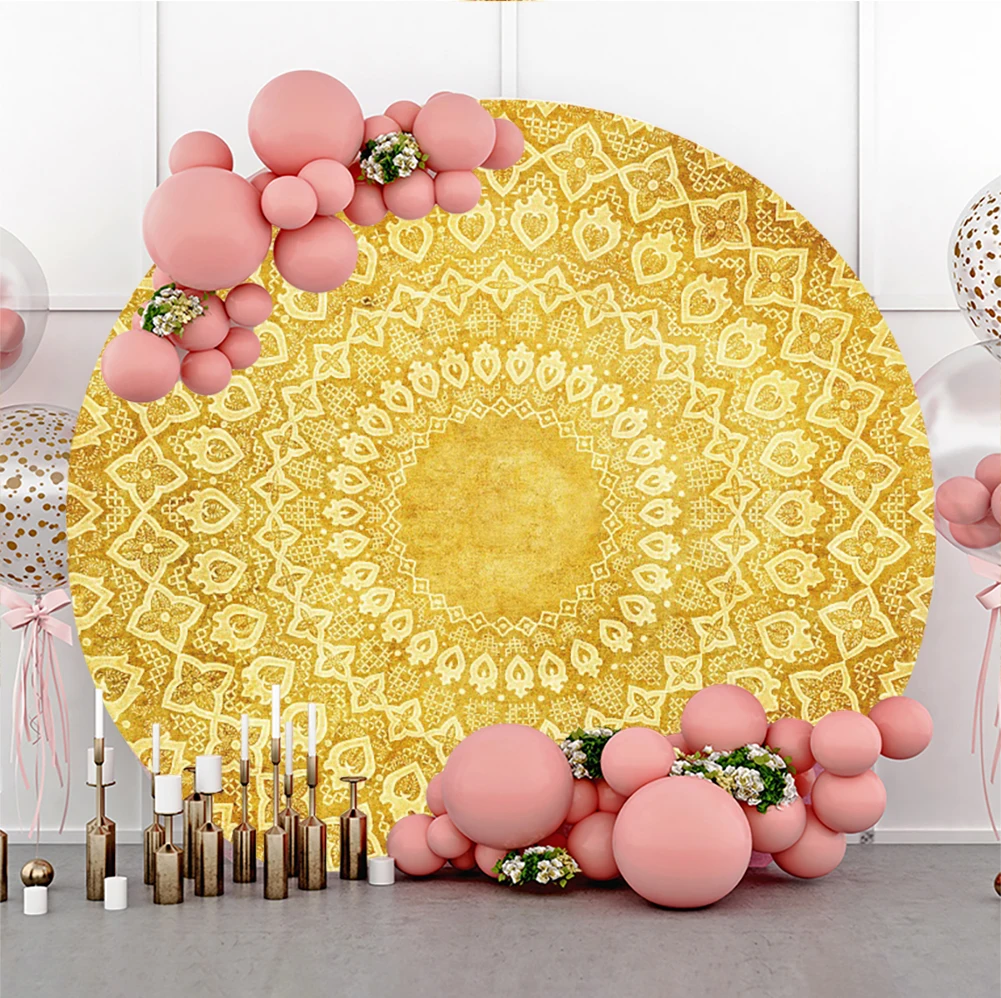

Gold Mandala Floral Print Pattern Round Photography Background Custom Newborn Baby Shower Birthday Party Backdrop Table Banner
