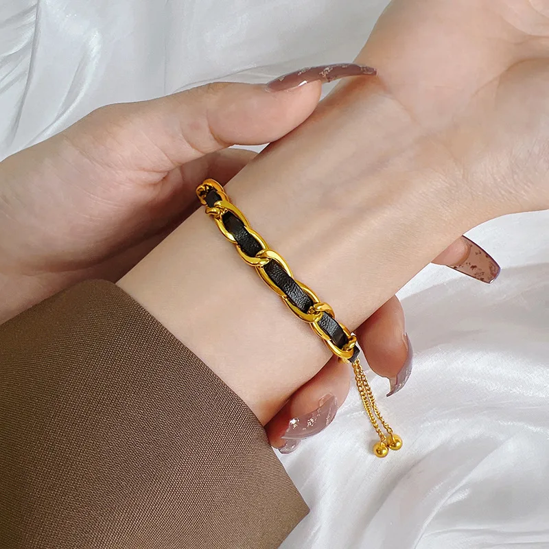 

Leather Rope Weave Bracelet for Women Girls Coco Style Gold Color Stainless Steel Accessory Chain Charms Jewelry Gift(GB459)