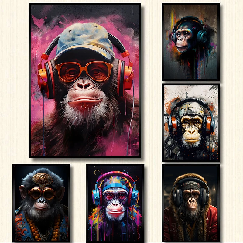 Сумасшедшая и интересная постер обезьяны на наушниках холст с рисунком
