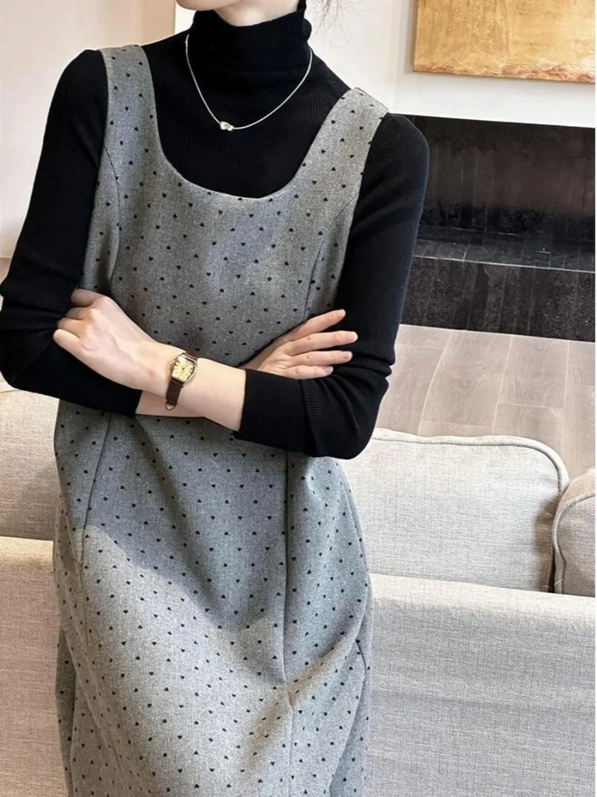 Плюс размер Julu Studio Tower Note Пухкое корейское платье в стиле ретро серое на бретелях