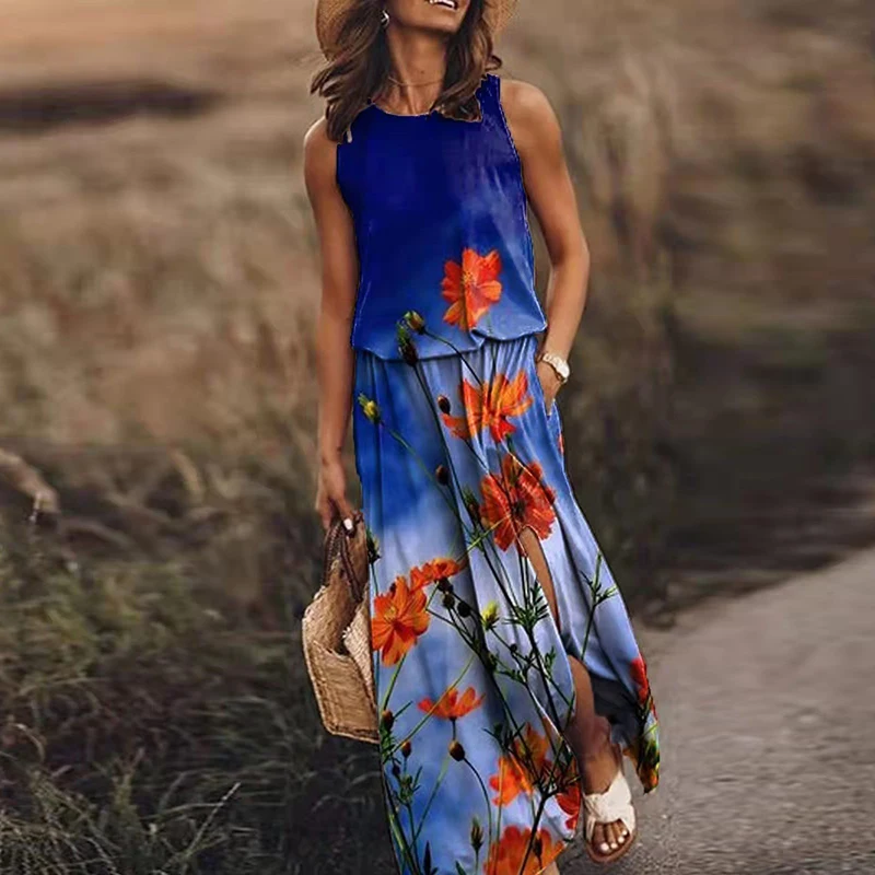 

Spring and Summer 2023 New Women's Round Neck Sleeveless Dress with Split Plain Casual Commuter Chic and Elegant Woman Dress