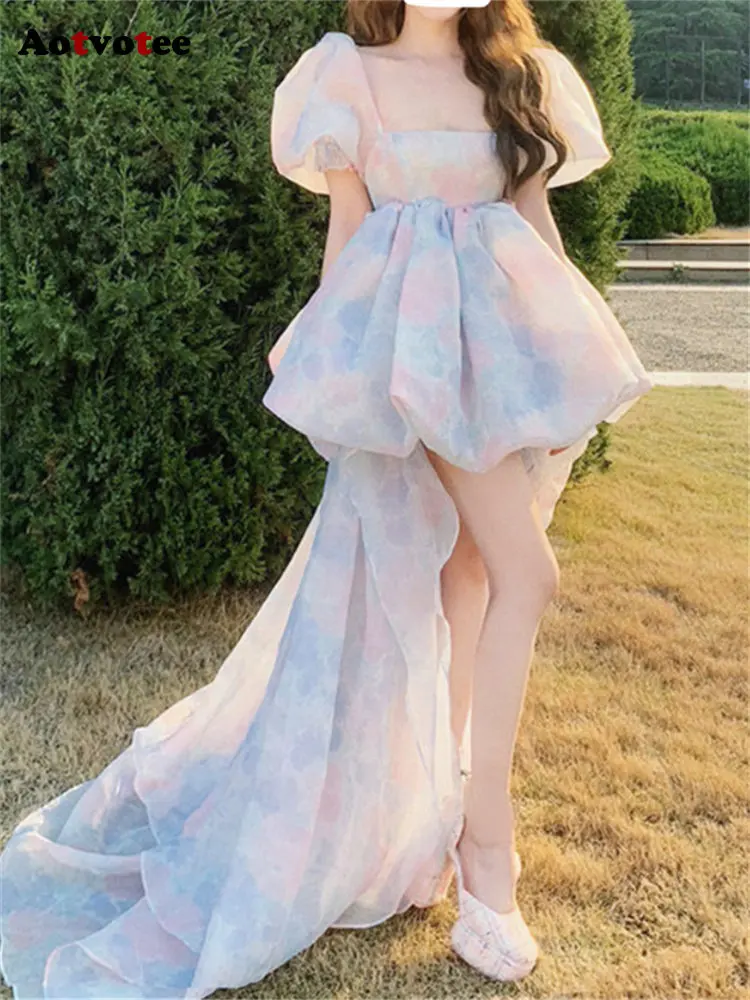 

CHUU Korea Aotvotee Floral Chiffon Dress for Women 2023 Fashion Fairycore Puff Sleeve Square Collar Mini Dress Chic Ball Gown Su