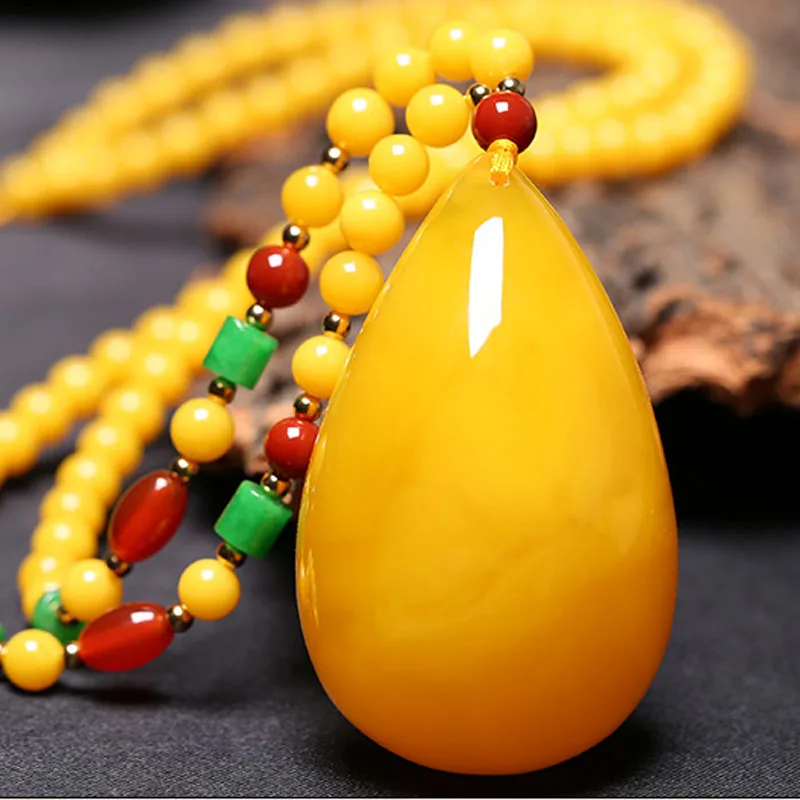 

Natural Amber Necklace Women Pendant Necklace Handmade Beaded Necklace Fine Jewelry Water Drop Gemstone For Party Gift