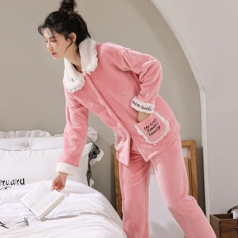 

Новинка 2023, домашний костюм, зимняя Коралловая бархатная мягкая бархатная теплая Осенняя Пижама, Женская милая фланелевая теплая Домашняя одежда с длинным рукавом