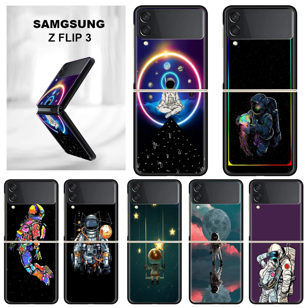 

Funda Case For Samsung Galaxy Z Flip 3 5G Luxury Z Flip3 Black PC Hard Shockproof Back Phone Coque Capa Cute Star Astronaut