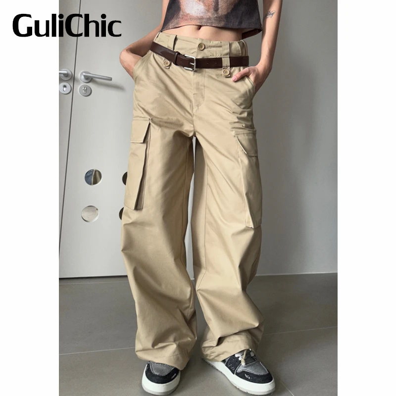 6.15 GuliChic Women Summer Temperament Comfortable Drawstring Hem Button Pocket Belt Decoration Casual Cargo Pants