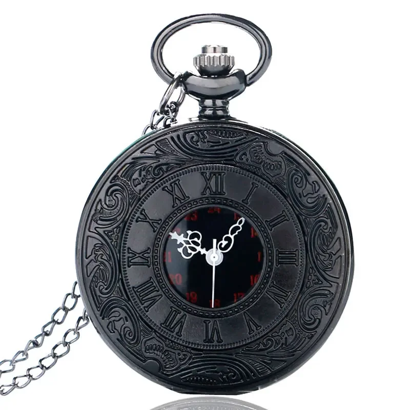 

Vintage Charm Black Unisex Fashion Roman Number Quartz Steampunk Pocket Watch Women Man Necklace Pendant with Chain Gifts P427