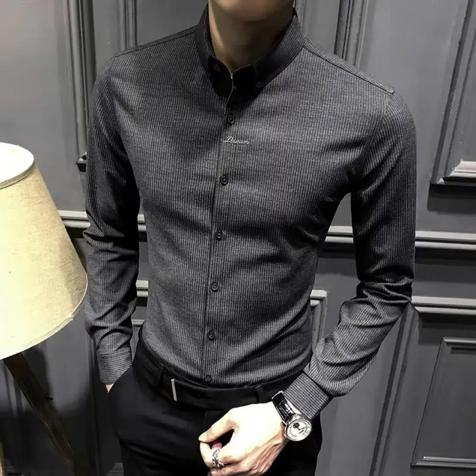 Han edition age season long sleeve men striped shirt embroidered shirts leisure handsome coat of cultivate one's morality