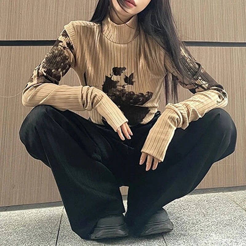 

Женская футболка с цветочным принтом, длинная Винтажная футболка с высоким воротником, в стиле Харадзюку, осень 2022