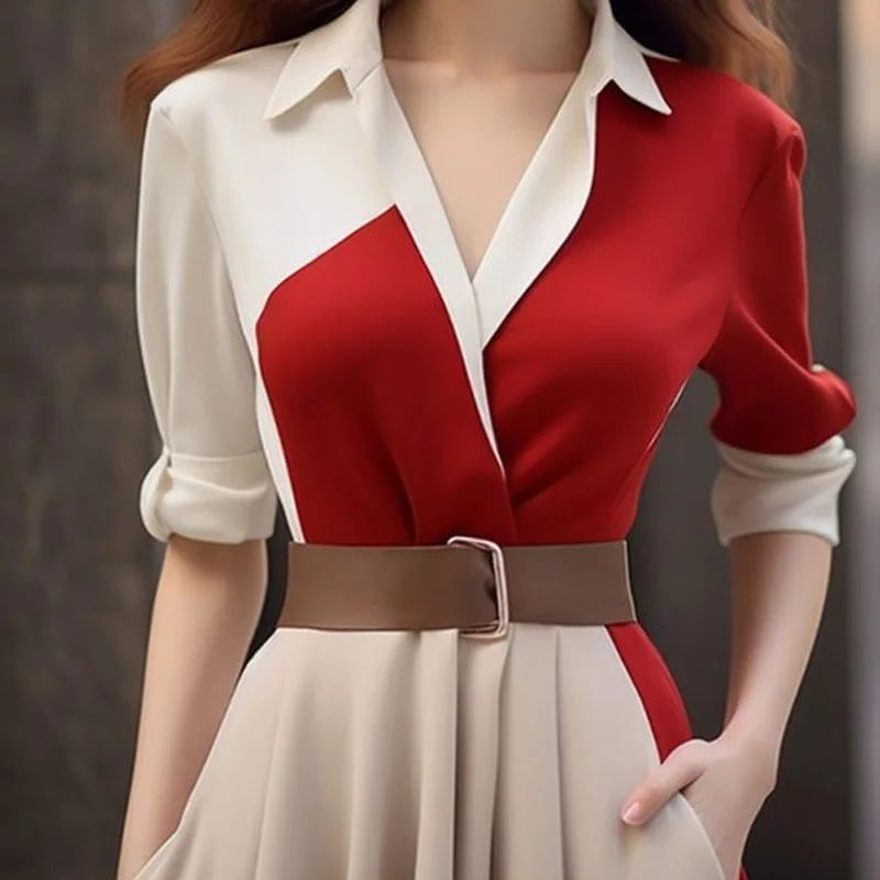 Корейские женские лоскутные блузки платья 2024 новое достойное элегантное платье