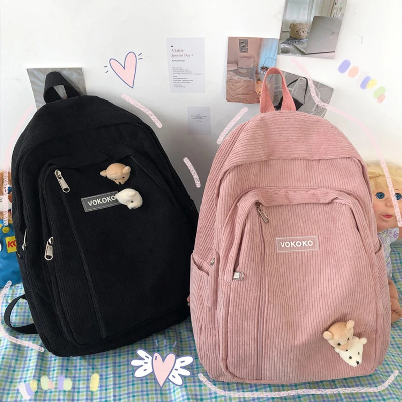 

Corduroy Women Backpack Teenager Girls Backpack Korean Style Student Shoulder Bag Cute Harajuku Schoolbag Female Fashion Bag
