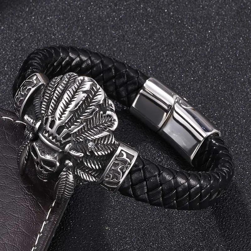 

Мужской кожаный плетеный браслет в стиле панк, племя, ковбойский король, Череп, магнитные застежки из нержавеющей стали, браслет-цепочка FR0275