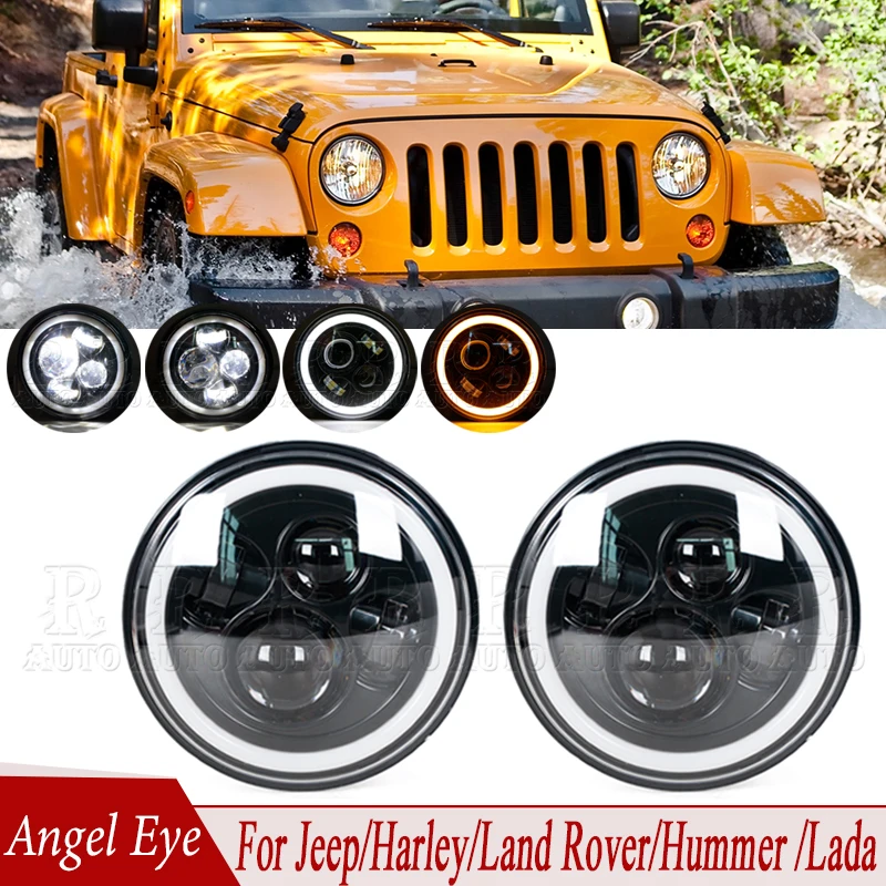 

DRL светодиодный ангельские глазки, фара, сигнал поворота, Φ, 7-дюймовая противотуманная фара для Jeep Wrangler/Harley Davidson/Land Rover 90/110/Hummer/Lada