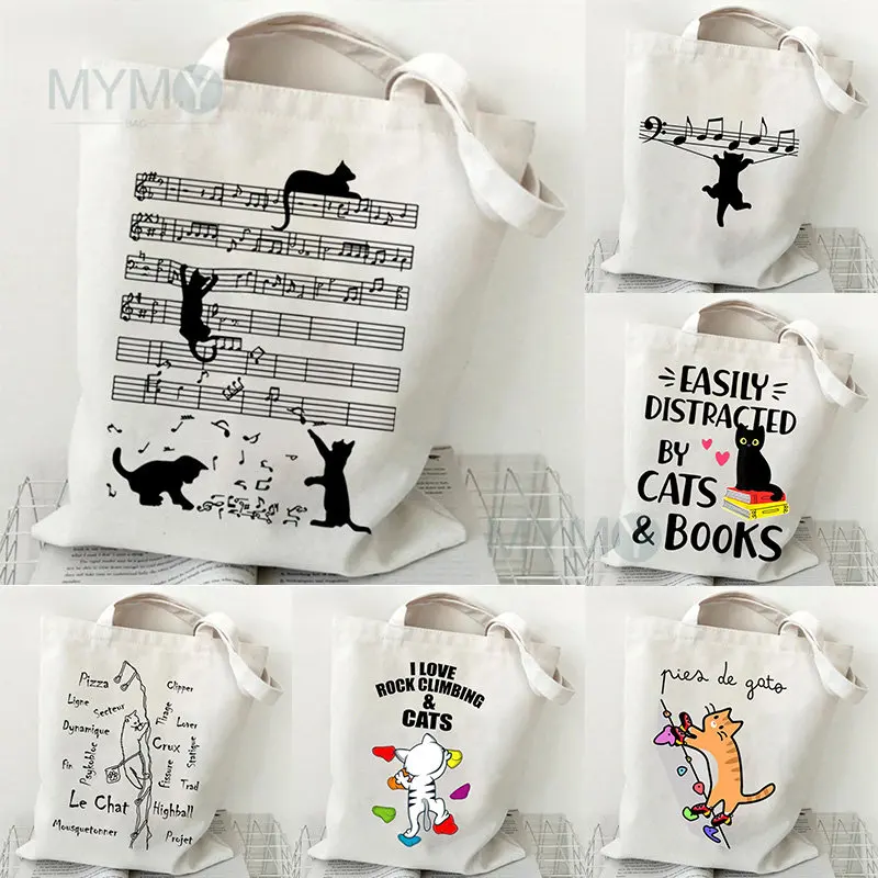 

Musical Symbols Cat Tote Bag Kawaii Cartoon Shopper Handbag Fashion Canvas for Women Girls Graphic Shopper Climbing Cat Tote Bag
