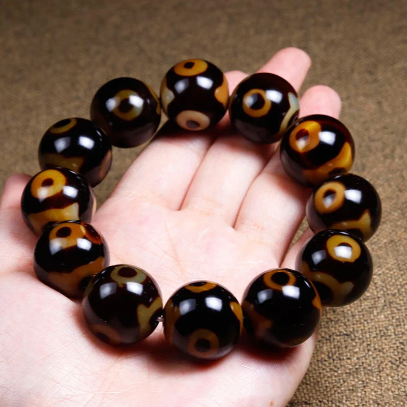 

Natural Tibetan Agate Three-eyed Round Beads Single Ring Bracelet for Men and Women Ethnic Retro Joker Bracelet