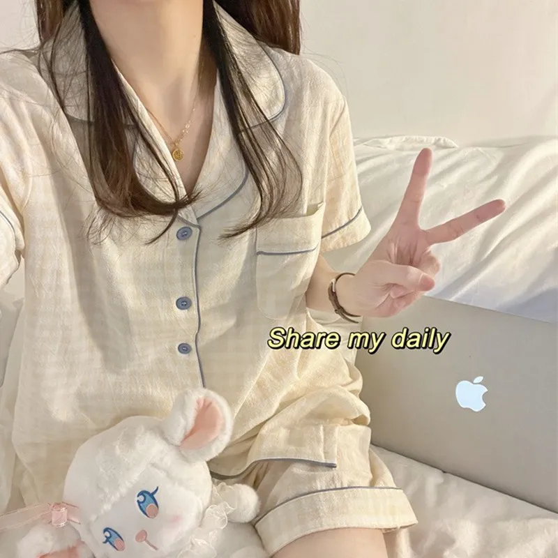 Korean Pajama Mujer Grid Print Cotton Yarn Sleepwear Set Short Sleeve Top+Shorts Ruffle Homewear Skin-Friendly Breathable