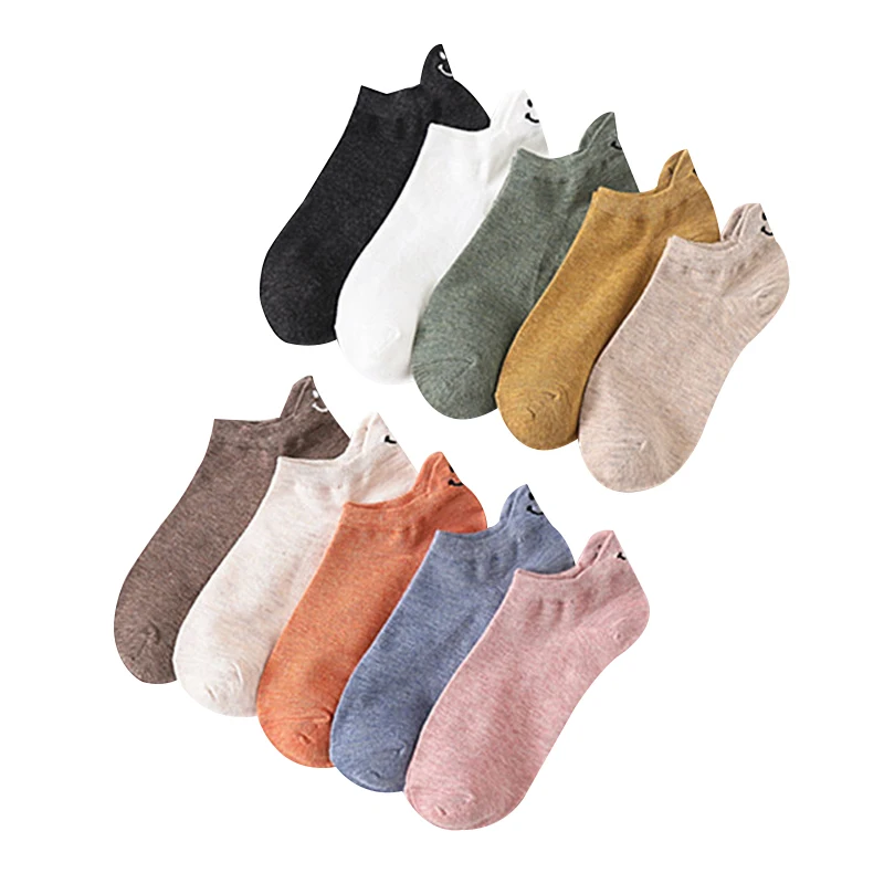 5 Pairs Spring Summer Female Socks Japanese Lovely Personality Heel Embroidered Smiling Face Lovers Solid Cotton Ankle Socks