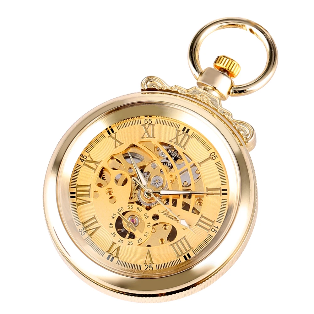 Roman Numerals Dial Manual Mechanical Pocket Watch Luxury Gold Fob Hand Winding Pocket Timepiece Male Open Face Antique Clock