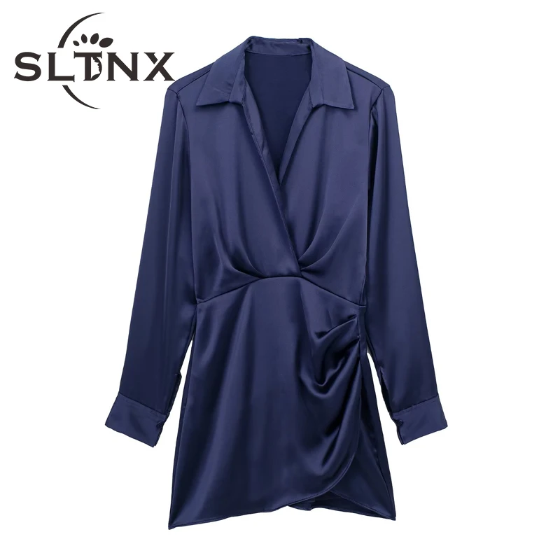 

SLTNX Women Fashion Spring Summer Dress Female Solid Turndown Collar Long Sleeve Dresses Ladies Casual Loose Chic Mini Dress