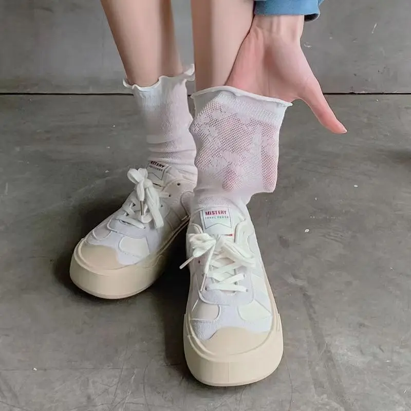 JK Harajuku Lolita Women's Short White Socks White Fungus Edge Mesh Thin Japanese Sweet Girl Middle Tube