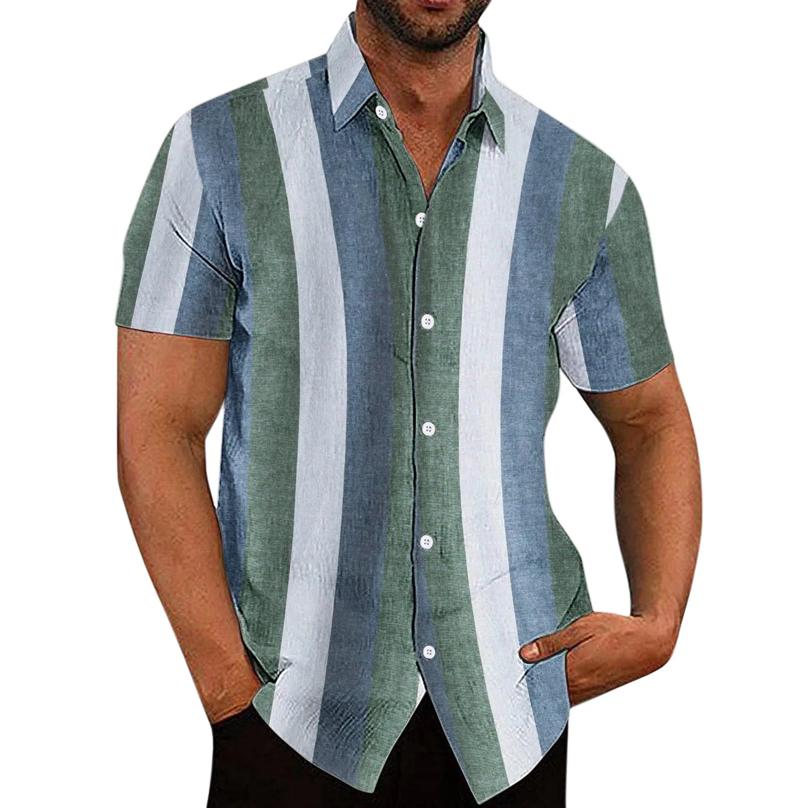 

2022 Casual Turn-down Collar Single Breasted Shirt Men Colorblock Striped Print Slim Shirt Mens Summer Short Sleeve Cardigan Top