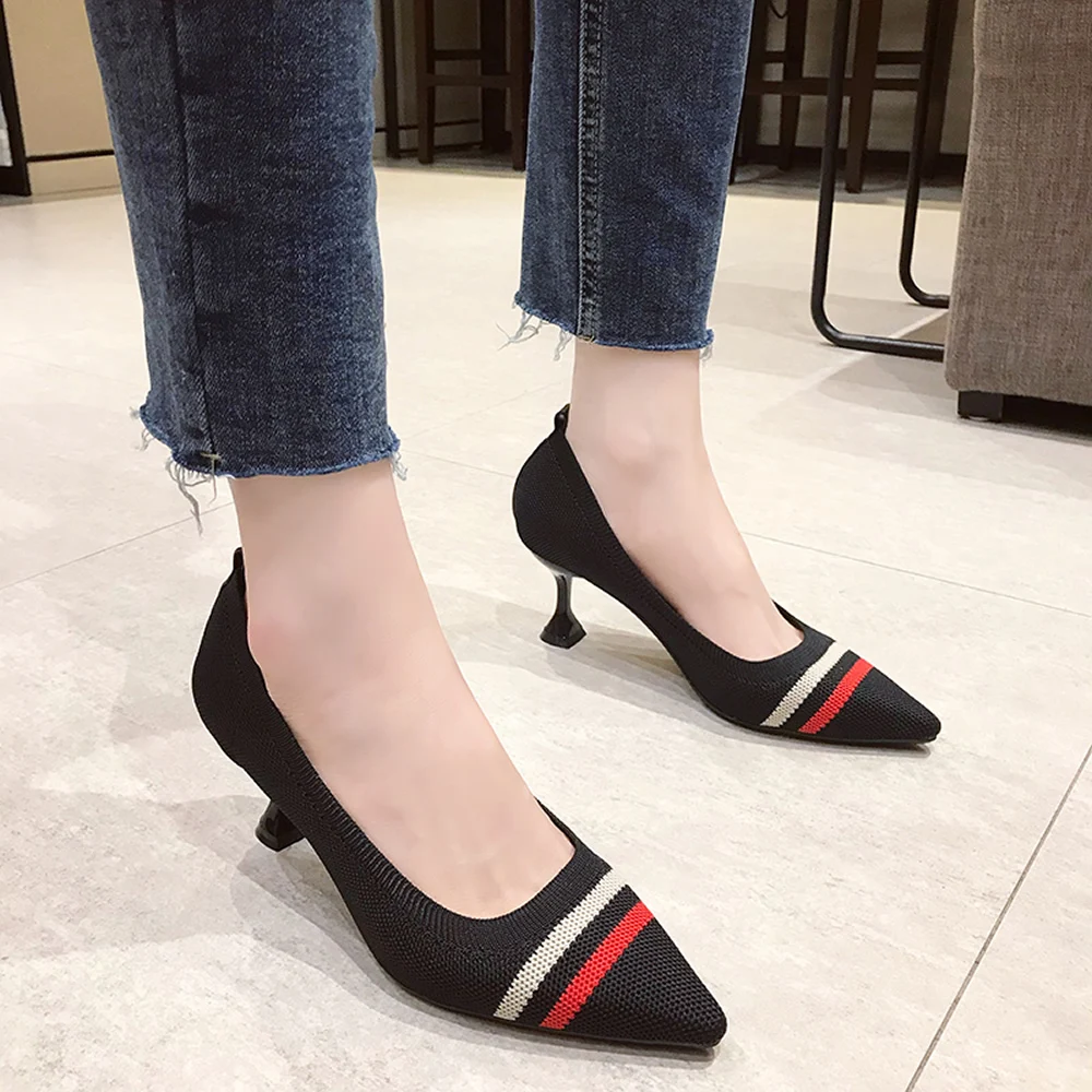 Walker Women's Casual Shoes Soft Bottom Knitted Flats Pointed-toe Shallow-mouth Mixed-color Flats For Autumn Size 36~40