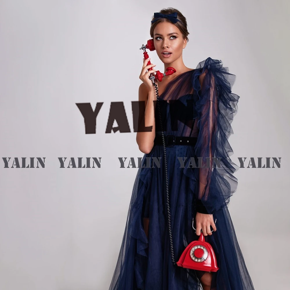 

YALIN Illusion Ruffles High Slit Prom Dresses Floor Length One Shoulder Long Sleeve Party Dress Long Navy Blue Evening Gowns
