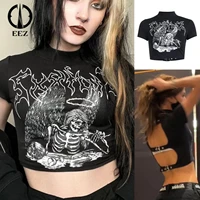 black grunge printed croped tops for women harajuku short sleeve backless baddies tee y2k emo graphic t shirt goth streetwear