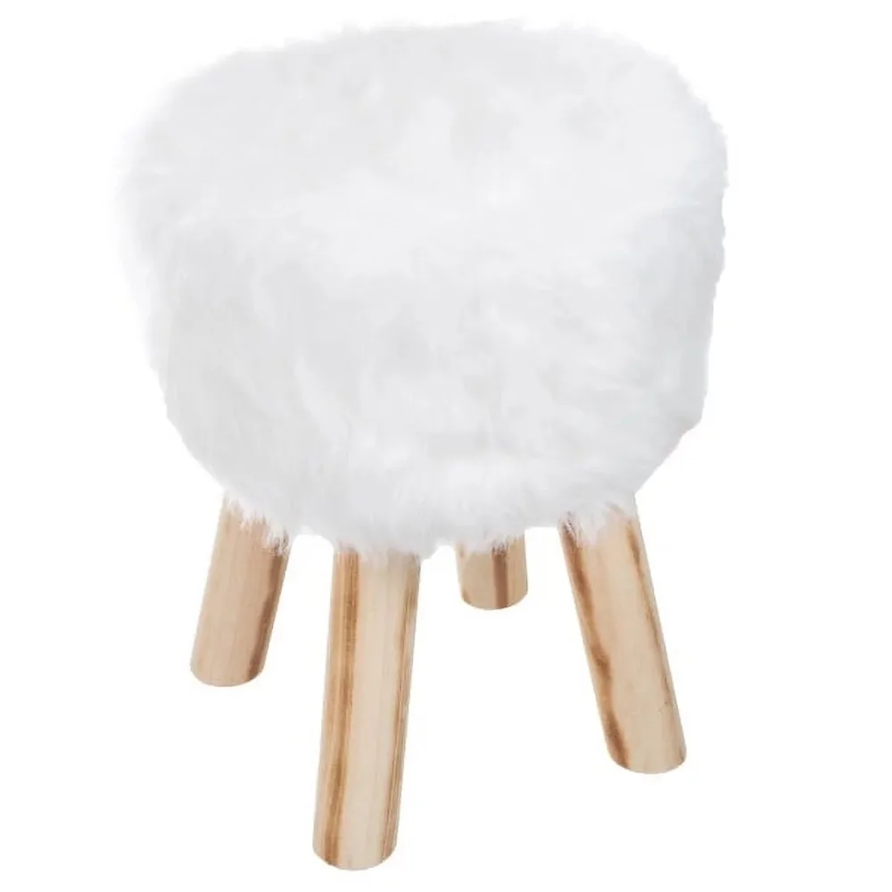 

Round Faux Fur Ottoman Footrest Accent Stool (White) Wooden Chair Vanity Chair Space Saving Furniture Vanity Chair