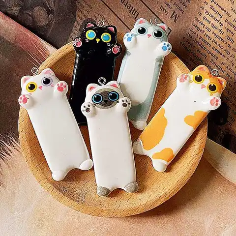 10 шт. кавайные длинные подвески из смолы с изображением кота для изготовления ювелирных изделий, забавные подвески с милыми животными, брелки с плоской задней частью «сделай сам», фурнитура