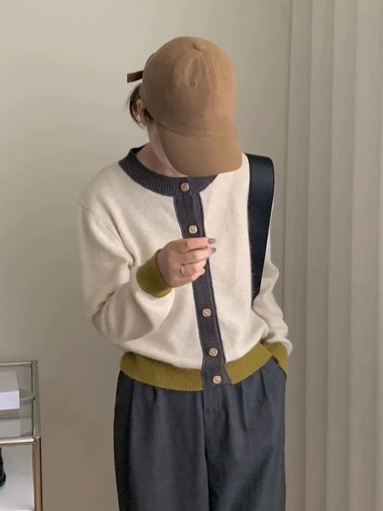 

Новинка Осень-зима, Женский вязаный свитер FMFSSOM, модный винтажный однобортный лоскутный теплый облегающий Кардиган с длинным рукавом и круглым вырезом