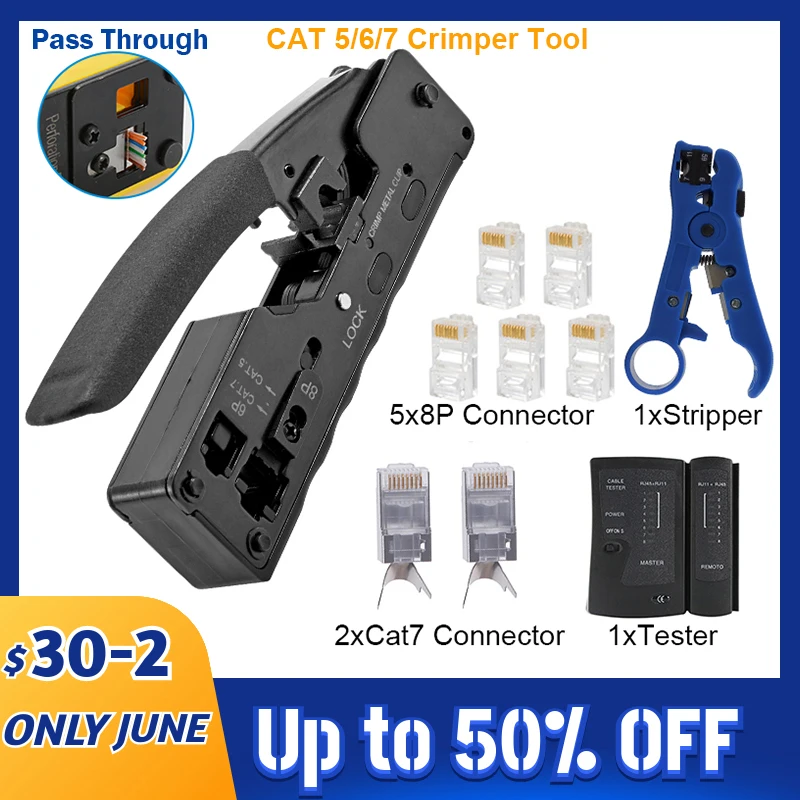 

[Cat5 Cat6 Cat7 Pass Through Crimper] for RJ45 RJ12 RJ11 Network Connectors Modular Plugs Ethernet Cables EZ Crimp Tool