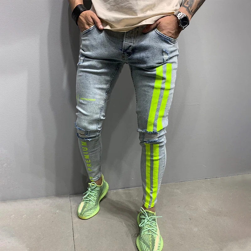 New Fashion Skinny Ripped Jeans for Men Striped Printed Casual Pants Streetwear Jean Homme Denim Toursers Slim Jeans Men Black