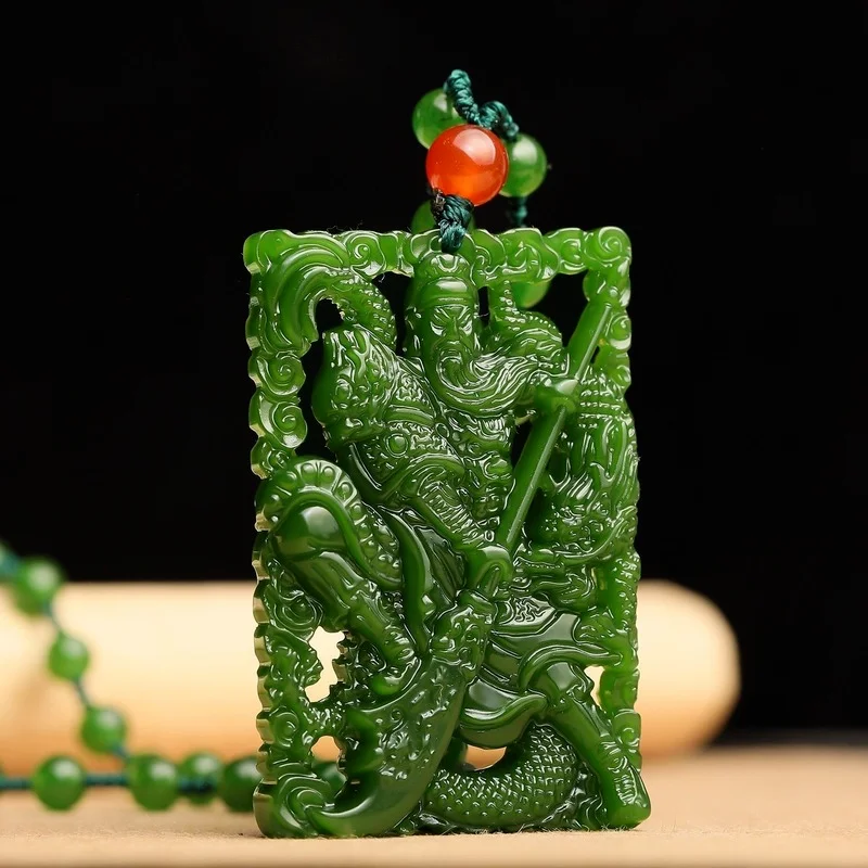 

Кулон Chenglong Guan Gong из натурального зеленого нефрита ручной работы, модная бутиковая бижутерия, ожерелье для мужчин и женщин, подарочные аксес...