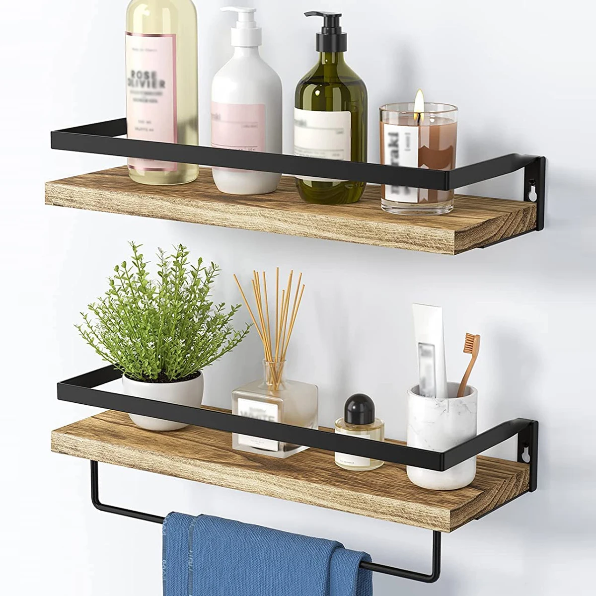 

Floating Shelves Rustic Wooden Wall Mounted Shelf with Removable Towel Holder Heavy Duty Space Saving Storage Organizer Shelf fo