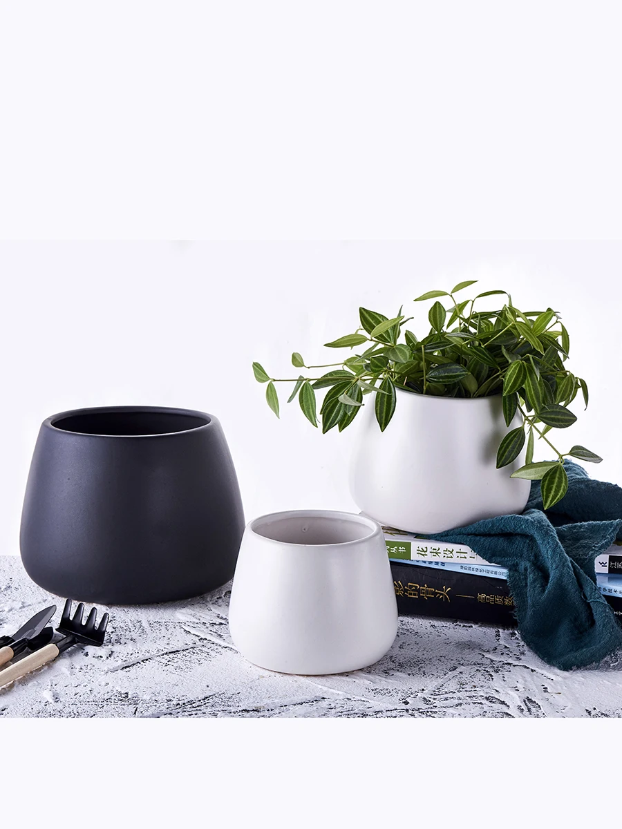 Ceramic White Flower Pot Nordic Cute Pottery Large Creative Black Plant Pot Tray Hydroponic Blumentopf Home Decoration 30