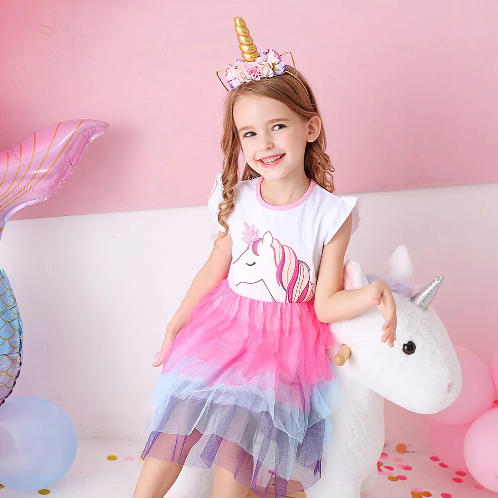 Фото Платье-пачка VIKITA для девочек, детское летнее платье с принтом Licorne, лоскутное сетчатое многослойное праздничное платье-пачка принцессы с расклешенными рукавами для девочек №3