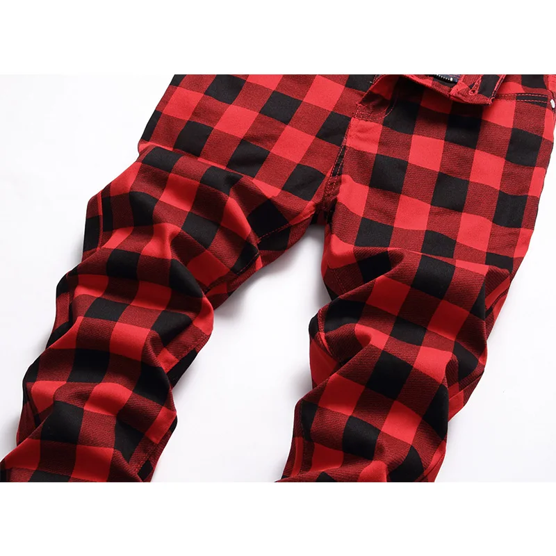 Mens Jeans British Style Slim Fit Elastic Printed Plaid Fashion Personalized Trend Jeans Streetwear Men Full Length Denim Pants