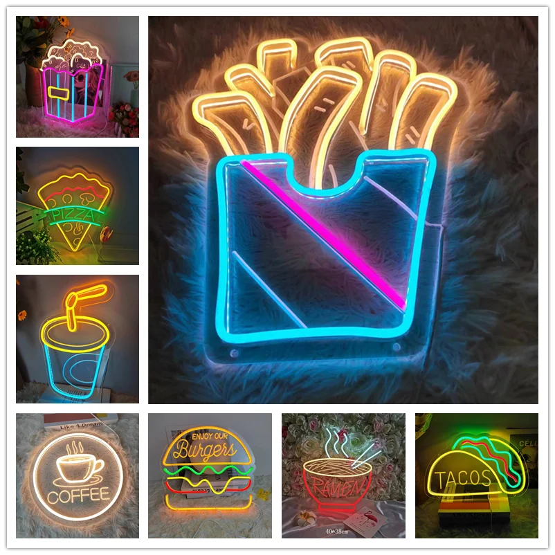Fries Hot Dog Hamburger Shaped Neon Sign Food Neon Light for Home Night Lamp for Restaurant Bar Beer Window Shop Room Decoration