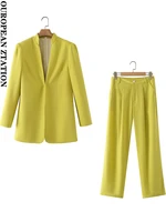 pailete women 2022 fashion front metal hook fitted blazer or high waist side pockets wide leg pants suit two piece