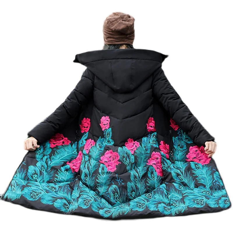 2023 Winter X-long Jacket Women Embroidery Loose Long Woman Parkas Hooded Stand Collar Cotton Padded Coat Female Overcoat