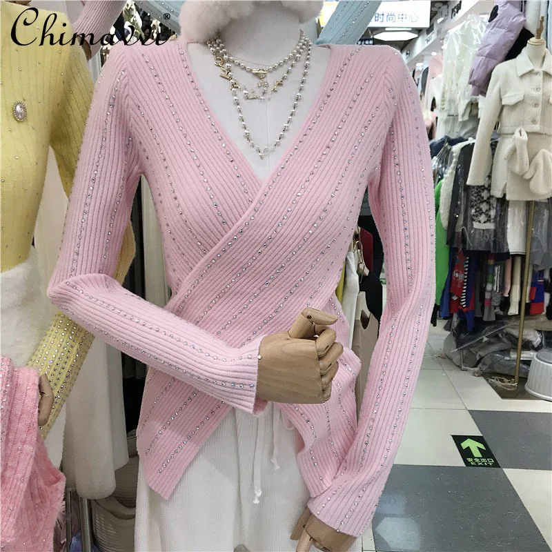 

Embroidery Hot Drilling V-neck Pullover Sweater Women's 2022 Spring New Fashion Slimming Long Sleeve Pullover Knitted T-shirt