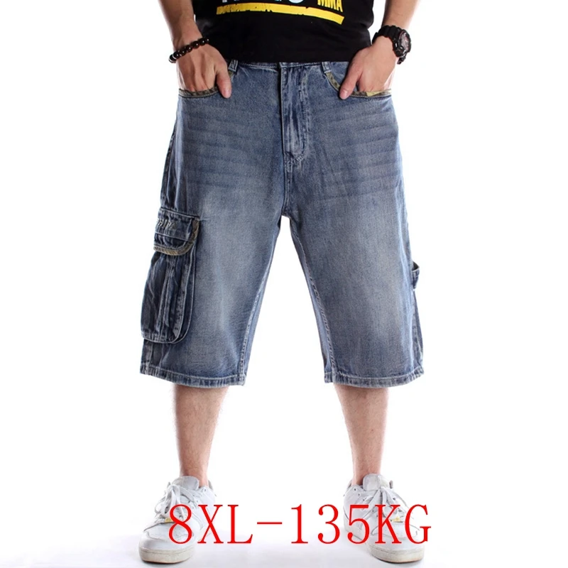 

Summer Plus Size Hip Hop Denim Shorts 8XL 7XL 6XL 5XL Fashion Men Multi-pocket Skateboard Pants Cropped Loose Cargo Denim Shorts