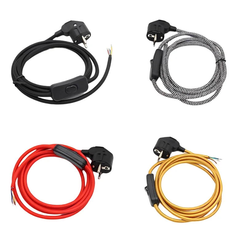 Cabo de Alimentação da ue com Interruptor Schuko tipo f Plug Têxtil Vintage Trançado Coberto 250v