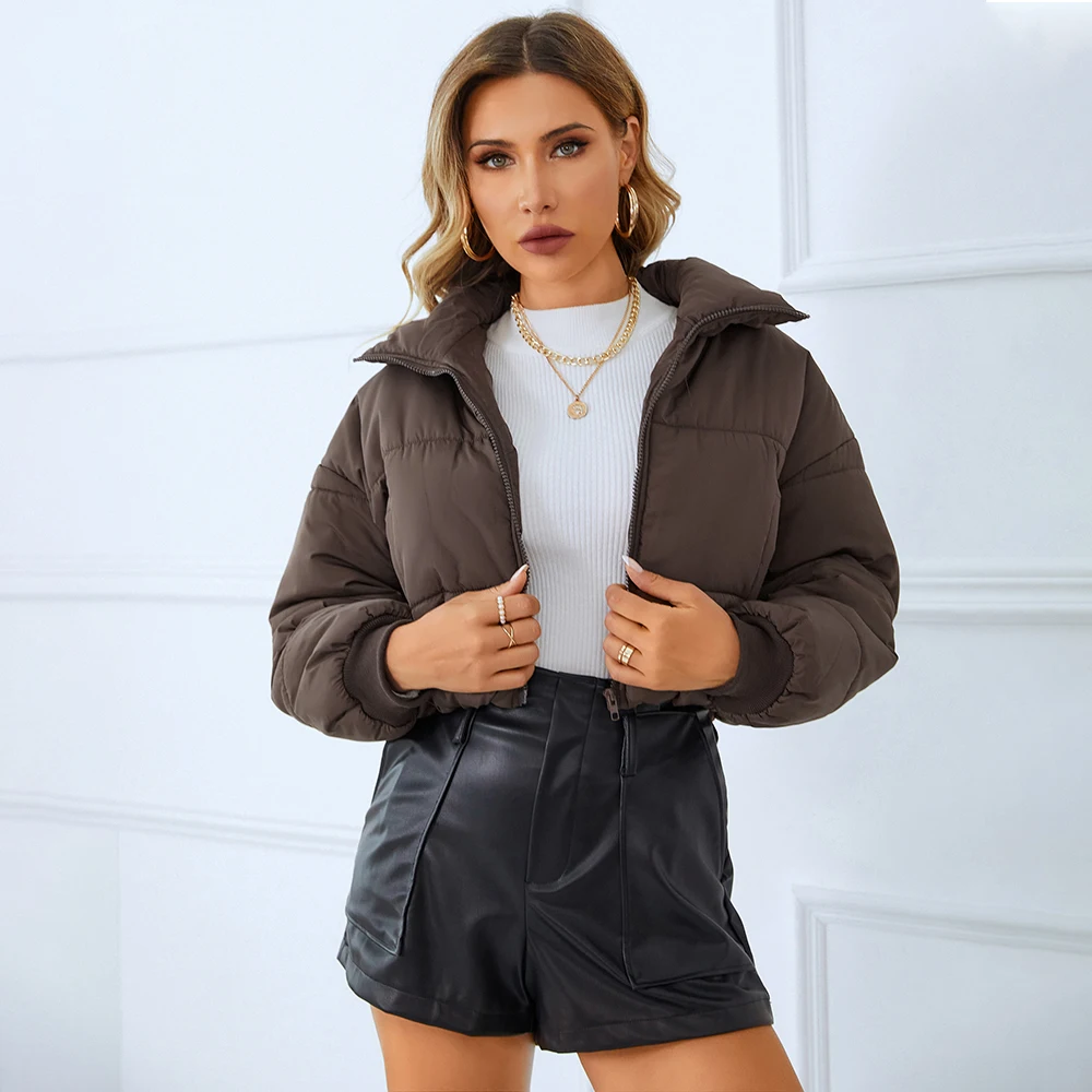 European and American Women's 2022 Winter Fashion New Long Sleeve Stand Collar Warm Casual Bread Short Coat Puffer Female Jacket