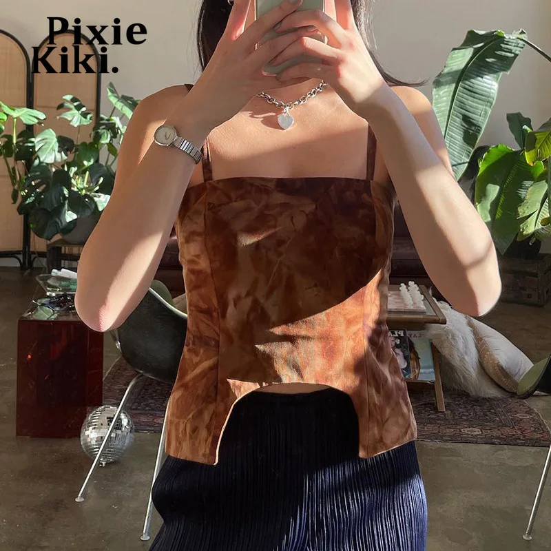 

Летние кроп-топы PixieKiki Y2k с коричневым принтом, асимметричный подол, бретельки на бретельках, майка с открытой спиной, винтажная Сексуальная ...