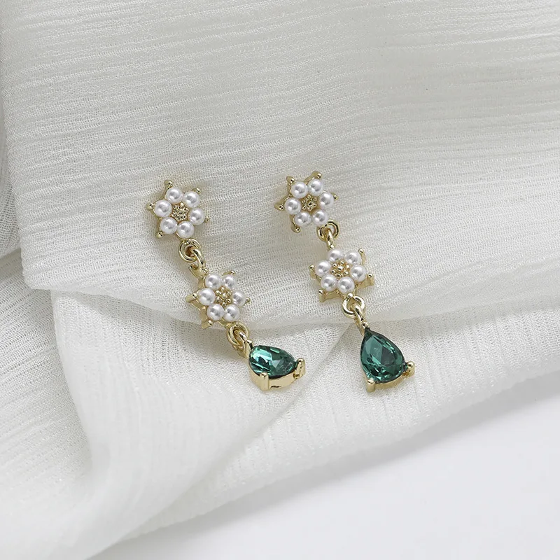 

Korean Earrings Vintage Water Drop Green Stone Pendant Fake Piercing Retro Baroque Pearl Flower Clip on Earrings